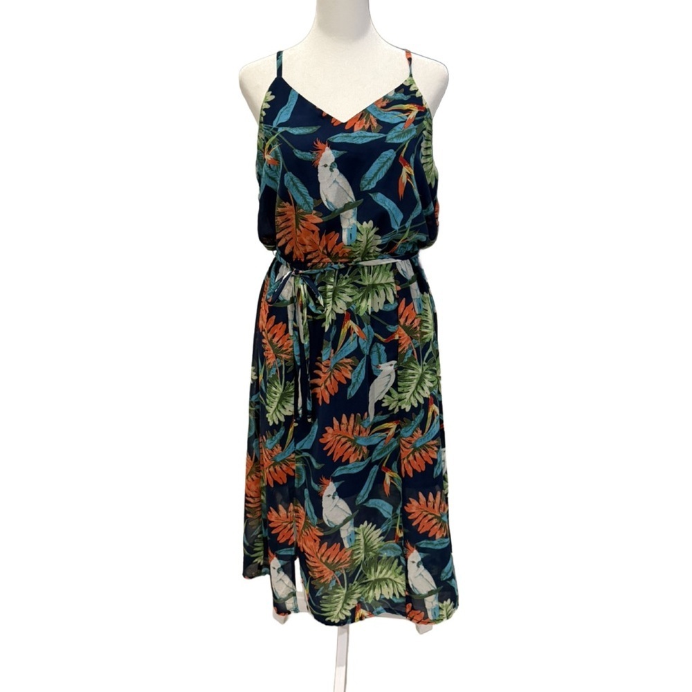 C Navy Tropical Midi Dress with Green and Orange Foliage